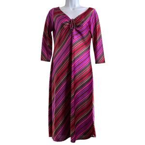 Vintage Helen Wang Women's Purple Red Stripe Midi V Neck Dress Size M Mod Groovy